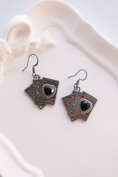 EFBUTİK Black Heart Stone Poker Card Imported Earrings