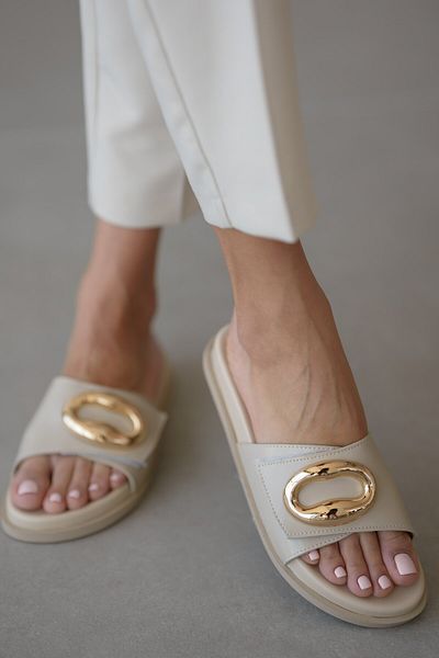 selinshoes Aiden Adjustable Velcro Gold Buckle Detailed Women's Slippers - Ecru