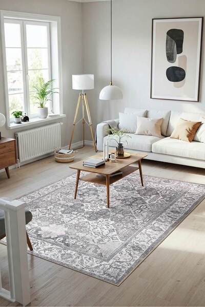 ARTLOOP Stonart Eskitme Vintage Desenli Gri Otantik Yıkanabilir Şönil Halı AL 446
