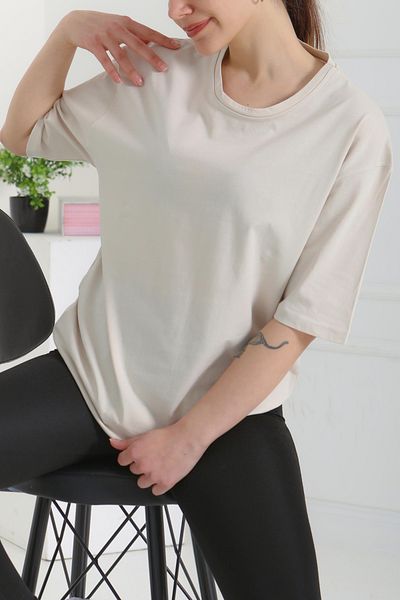 TOFİSA Oversize Short Sleeve T-Shirt Cream - 27118