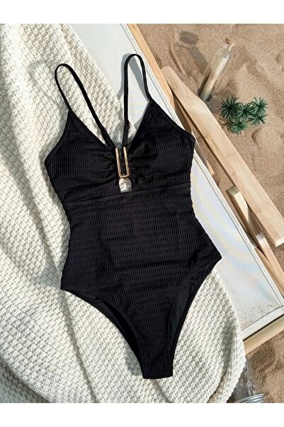 TRAJE DEN Tek Parça Mayo Çapraz Sırt Tasarımı V Yaka, Kabartmalı Dokulu