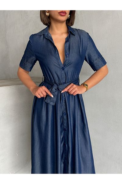 Miss Prova Πουκάμισο με γιακά με κουμπιά μέχρι τη μέση Φόρεμα τζιν μπλε ναυτικό MISSELB931