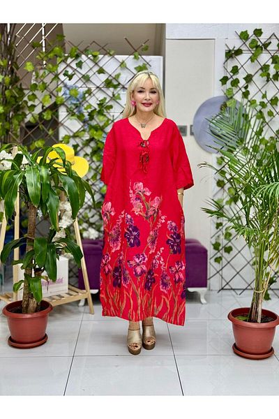 Punta Otantik Yg205060 Button Floral Linen Dress Red