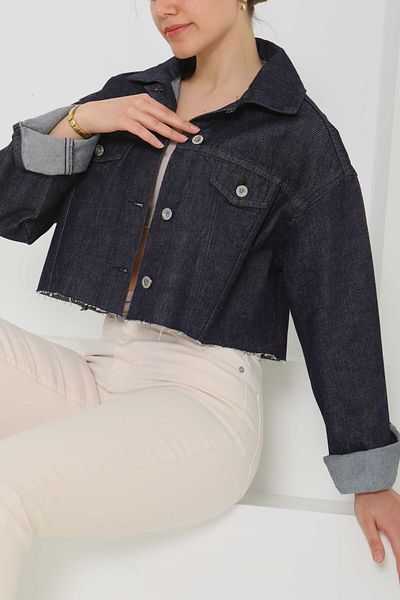 TOFİSA Women's Double Pocket Laser Cut Crop Denim Jacket Anthracite - 26582