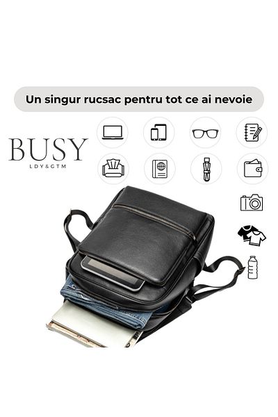 Busy Lady&Gentleman 15' Industrial laptop backpack, men's, genuine leather, trolley support, antiperspirant back, black