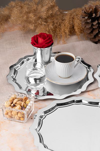 Aslı Hediyelik 6-Piece 24 cm Wavy Round Silver Decorative Tea, Coffee, Refreshment, Cake Presentation Serving Tray