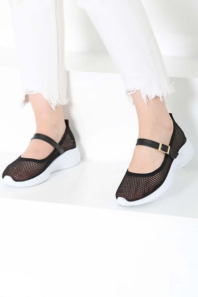 TOFİSA Women's Black and White Belted Mesh Ballerina Shoes - 27144