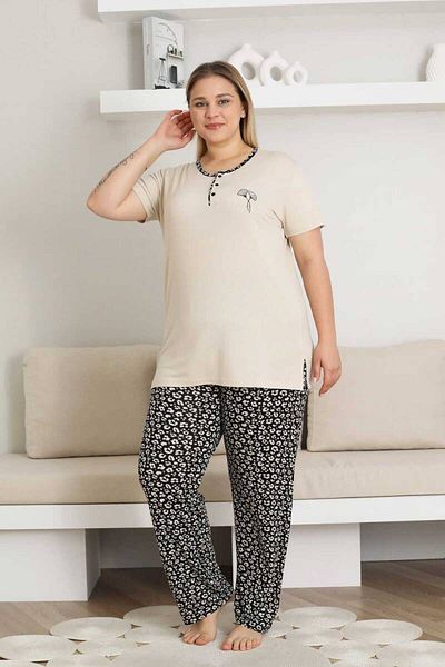 ALİMER Embroidered Women's Pajama Set - Beige Large Size Short Sleeve Lycra Bamboo Viscose 2857Kyb