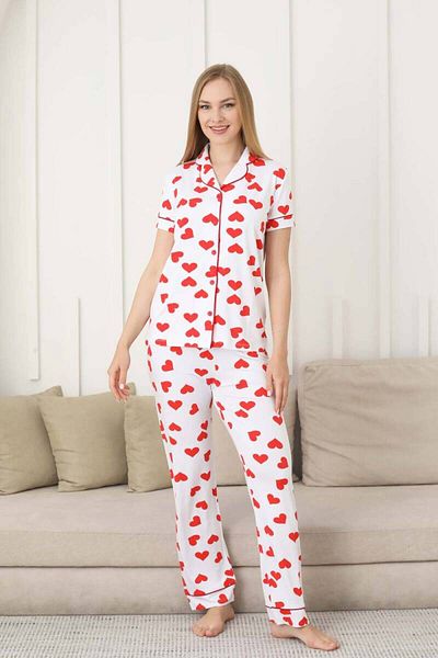 ALİMER Heart Print Women's Sleepwear Set - Front Button Lycra Short Sleeve 2860Ky