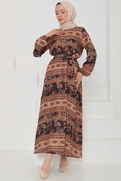 TOFİSA Floral Patterned Belted Dress Black - 27105