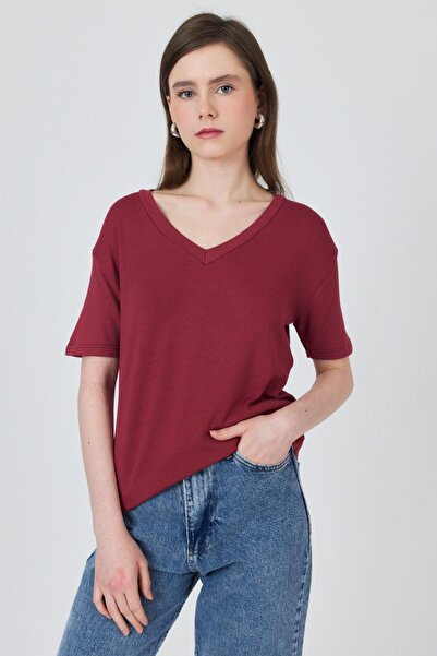 Rays Tricou drapat din țesătură vâscoasă/moale cu decolteu în V burgundă 3077