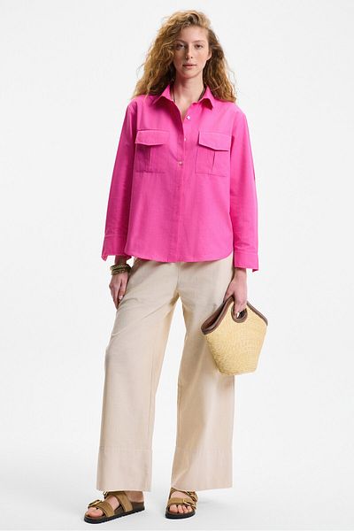GRIMELANGE Melancholi Women's 100% Cotton Linen Look High Waist Elastic Waist Beige Trousers
