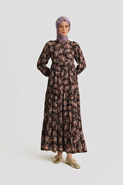 Armine Şal Desenli Elbise 25yt914 Siyah