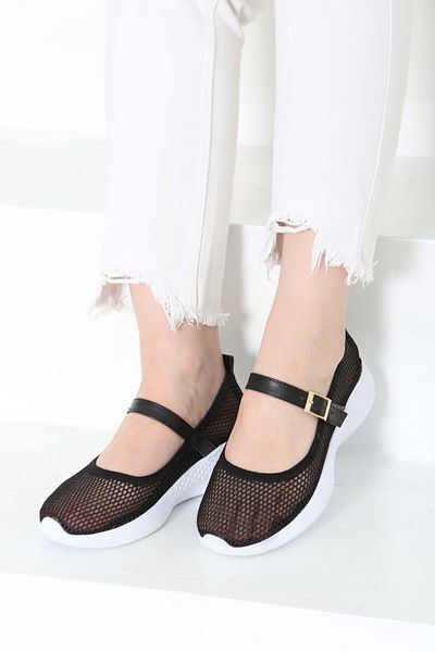 TOFİSA Women's Black and White Belted Mesh Ballerina Shoes - 27144