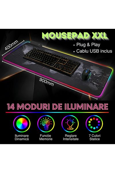 LUVLU Mousepad Xxl Gaming With 14 Rgb Lighting Modes , Soft And Splash-resistant Surface, 900x400x4mm,