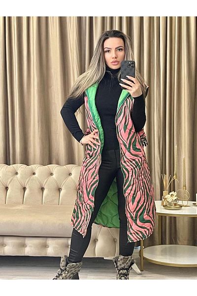 Intisimo Long Fas Vest, Quilted, One Size, Zebra Pattern, Pink/Green