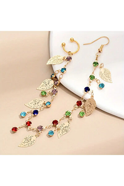 Girift Vintage Arova Yaprak Detaylı Renkli Taşlı Kulak Ve Burun Zinciri - Hint Hızması