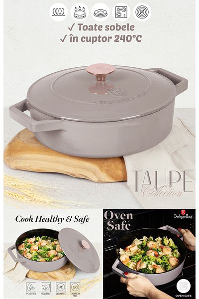 Berlinger Enameled Cast Iron Pot With Lid Oven Baking Pan | 26 Cm - 2.57 Liters | Taupe Collection