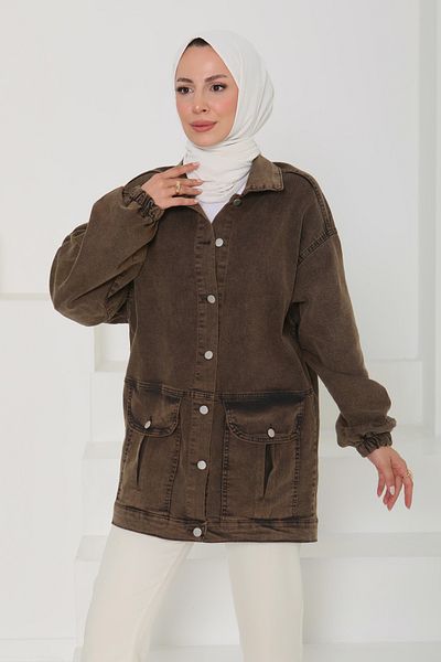 TOFİSA Women's Oversize Gusseted Pocket Denim Jacket Tint-Brown - 26578