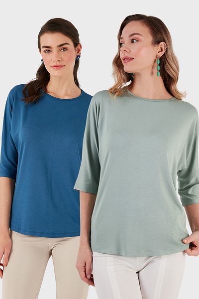 Lela Standard Fit Crew Neck Three Quarter Sleeve 2 Pack Blouse Bluz 5861416Ys2