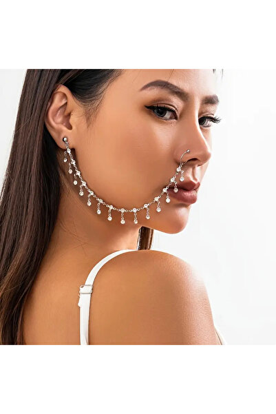 Girift Vintage Aver Taşlı Sallantılı Kulak Ve Burun Zinciri - Hint Hızması