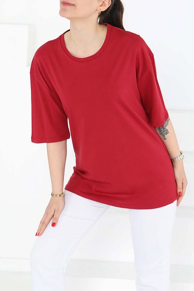 TOFİSA Oversize Short Sleeve T-Shirt Claret Red - 27118