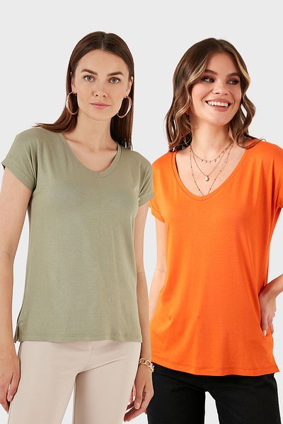 Lela V-Neck Relaxed Fit Slit Detailed 2'Li Package Blouse Bluz 5862000S2