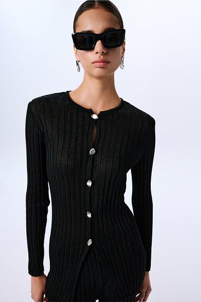 rue. Gold Buttoned Glittery Long Sleeve Knitwear Black Cardigan