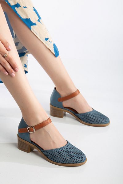 ANALİN SHOES Women's Genuine Leather Closed Toe Sandals - Denim Blue