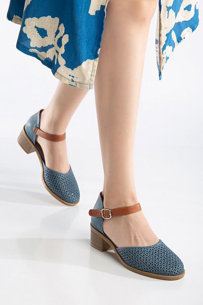 ANALİN SHOES Women's Genuine Leather Closed Toe Sandals - Denim Blue