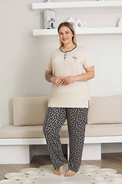 ALİMER Embroidered Women's Pajama Set - Beige Large Size Short Sleeve Lycra Bamboo Viscose 2857Kyb