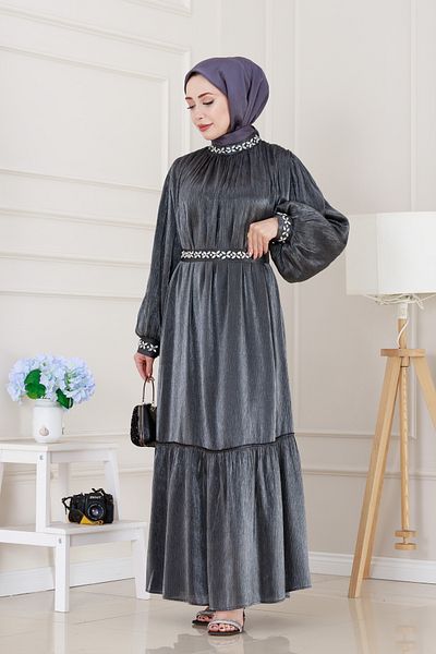 Sevitli Rochie de Seara Simay Brodata cu Pietre-Antracit