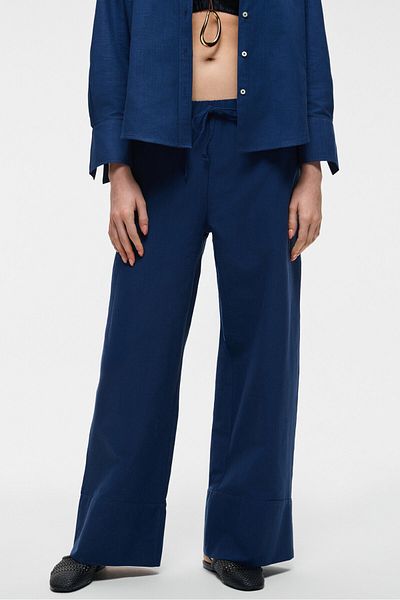 GRIMELANGE Melancholı Women's 100% Cotton Linen Look Flared Wide Leg High Waist Elastic Navy Blue Trousers