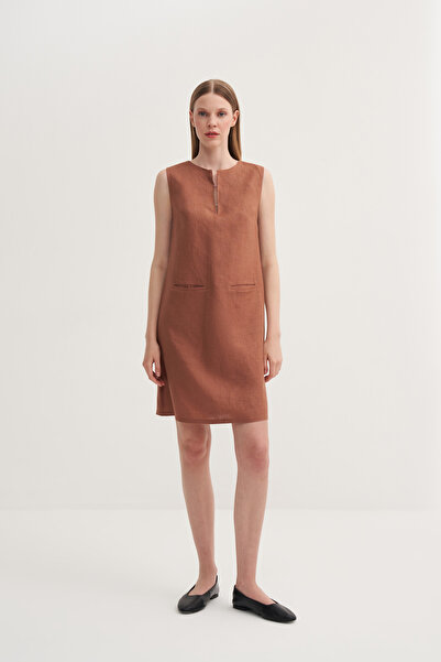 Jorbinol Agraflı Çift Cepli Keten Elbise