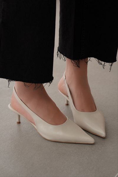 selinshoes Clove Pointed Toe Short Heeled Elastic Women's Stiletto- Ecru
