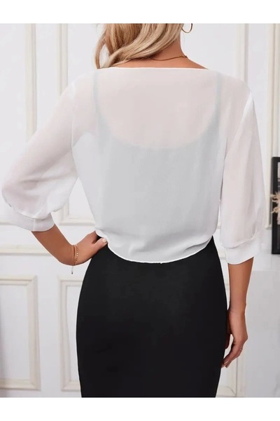 Kaplan Women's Three Quarter Sleeve Front Tie Short Chiffon Bolero Jacket