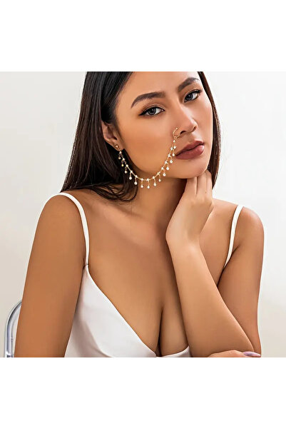 Girift Vintage Aver Taşlı Sallantılı Kulak Ve Burun Zinciri - Hint Hızması