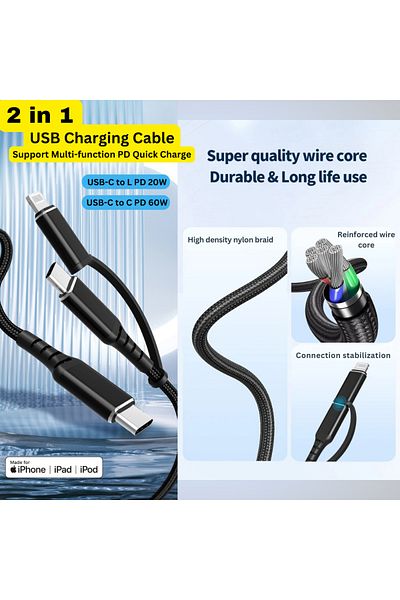 LUVLU Usb C Fast Charging Braided Cable 2-in-1 Max 60w, Usb C To Usb C And Lightning, Universal, 1m