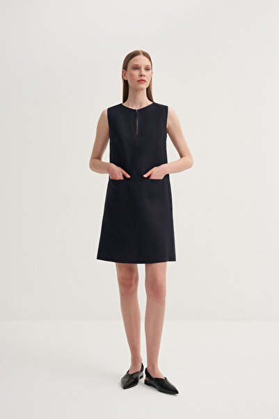 Jorbinol Agraflı Çift Cepli Keten Elbise