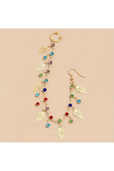 Girift Vintage Arova Yaprak Detaylı Renkli Taşlı Kulak Ve Burun Zinciri - Hint Hızması
