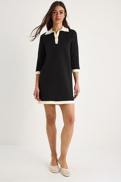 Bianco Lucci Women's Polo Neck Buttoned Stripe Detailed Short Comfortable Knitwear Dress 20251042