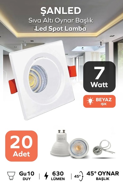 ŞANLED 6w Sıva Altı Oynar Başlık Gu10 Kare Beyaz Kasa Beyaz Işık Led Spot Lam...