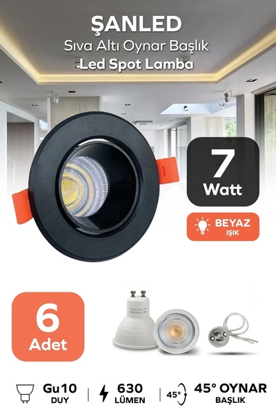 ŞANLED 6w Sıva Altı Oynar Başlık Gu10 Siyah Kasa Beyaz Işık Led Spot Lamba-6 ...