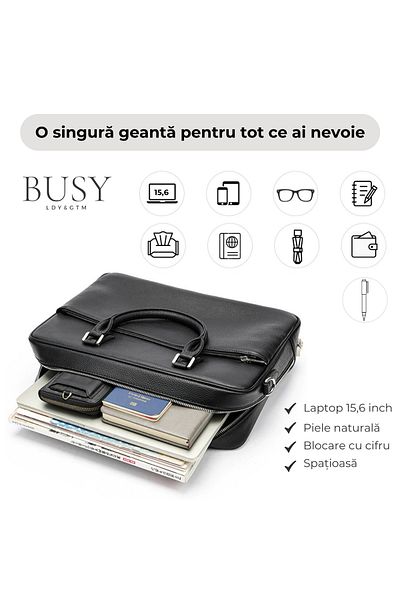 Busy Lady&Gentleman Genuine leather briefcase with zip, Cosmopolitan, extra roomy, shoulder, black