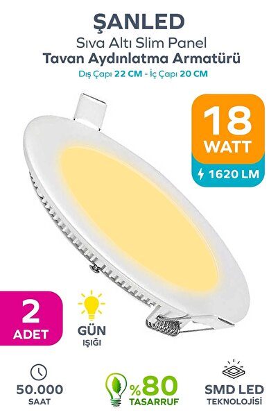 ŞANLED 18w Tasarruflu Led Yuvarlak Gün Işığı Sıva Altı Slim Panel Tavan Aydınlatma Armatürü-2 Adettir