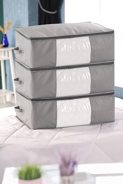 Vedsey Home Organizer Large Size 70X50X25Cm Set of 3 with Window - Sofa Bed, under Bed and Comforter Cushion Organizer, Storage Gray