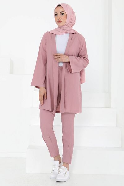 TOFİSA Cardigan Trousers Double Set Rose - 27115