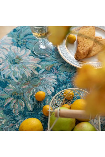 OBRO Fata de masa, brocart, rotunda, material gros model floral abstract, vintage, albastru, 150 x 150 cm