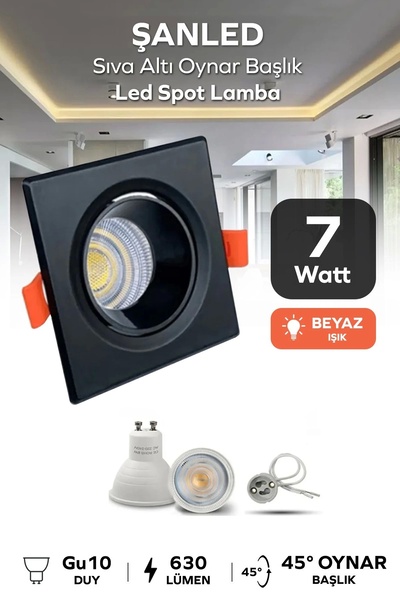 ŞANLED 6w Sıva Altı Oynar Başlık Gu10 Kare Siyah Kasa Beyaz Işık Led Spot Lam...