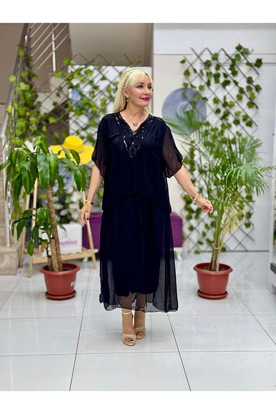 Punta Otantik Yg5161 Italian Collar Detail Silk Dress Black